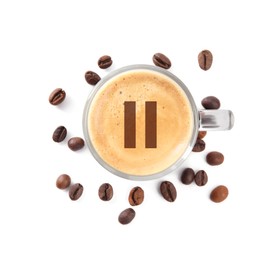 Image of Coffee Break. Cup of aromatic espresso and beans on white background , top view  