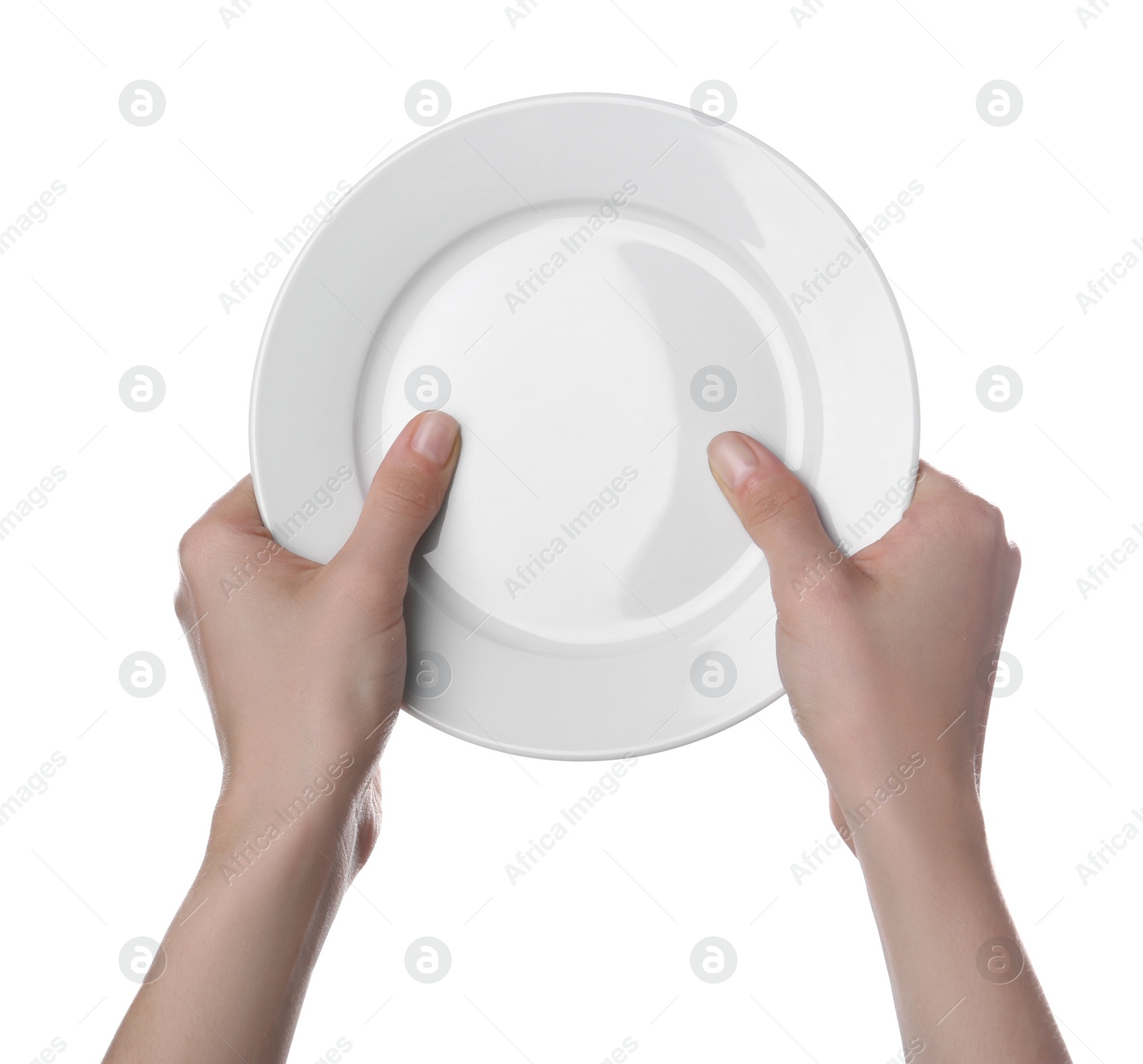 Photo of Woman holding clean ceramic plate isolated on white, closeup