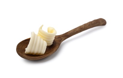 Photo of Butter curls in spoon isolated on white