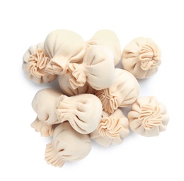 Photo of Pile of raw dumplings on white background, top view