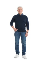 Handsome mature man in stylish clothes on white background