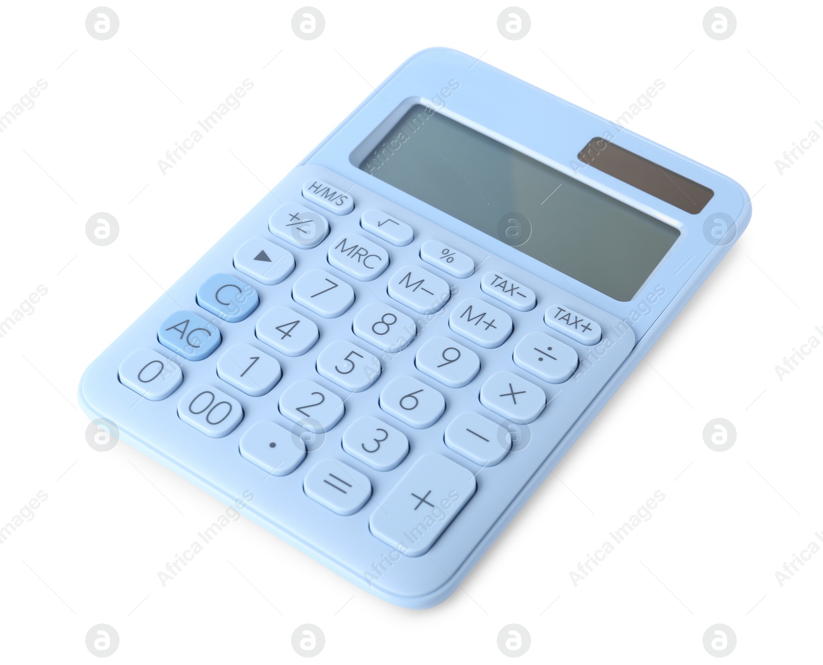 Photo of Light blue calculator on white background. School stationery