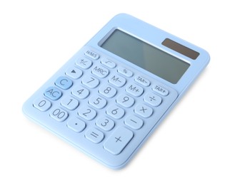 Photo of Light blue calculator on white background. School stationery