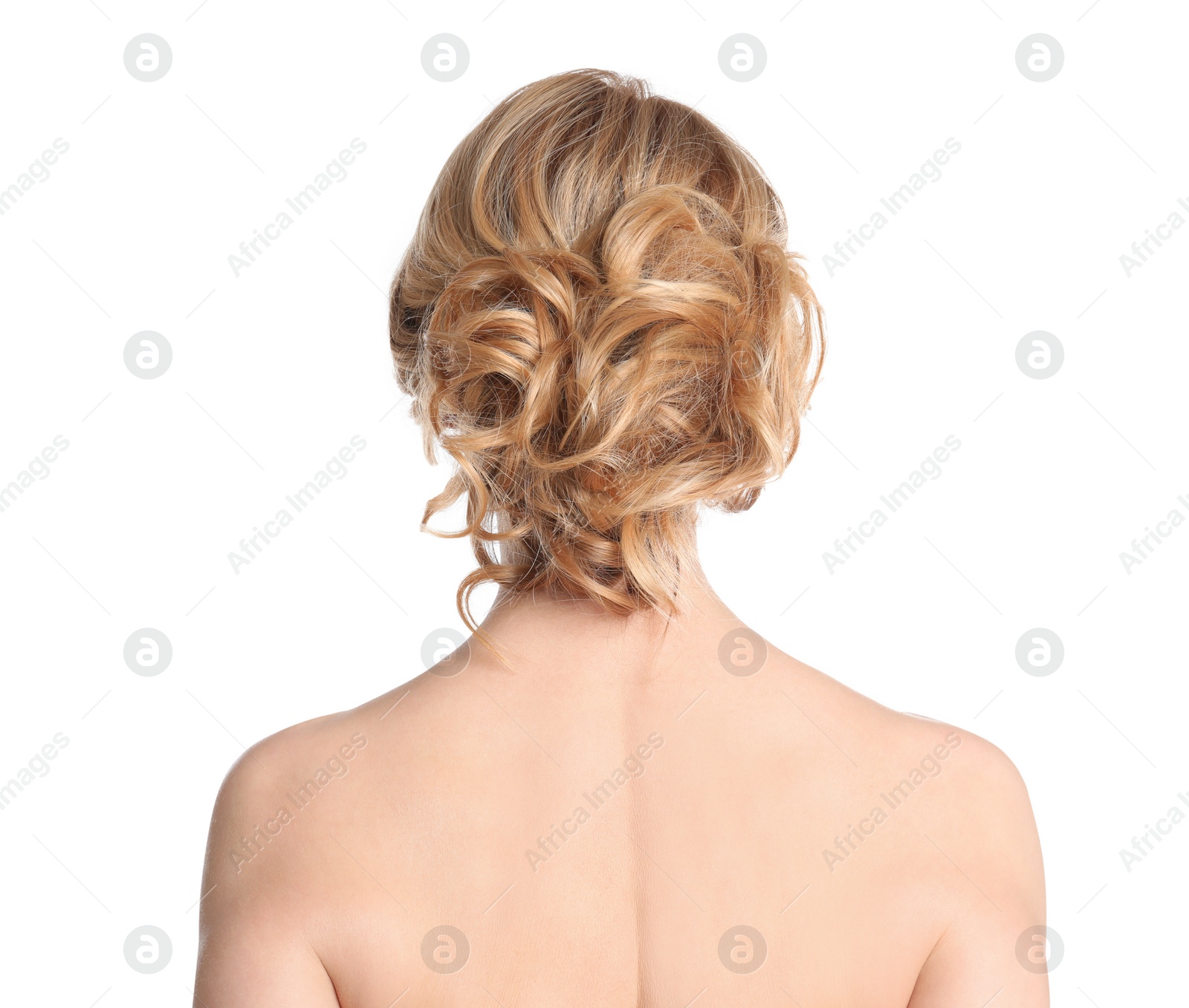 Photo of Beautiful woman with healthy blonde hair on white background, back view