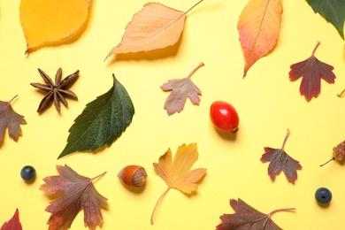 Beautiful composition with autumn leaves on yellow background, flat lay