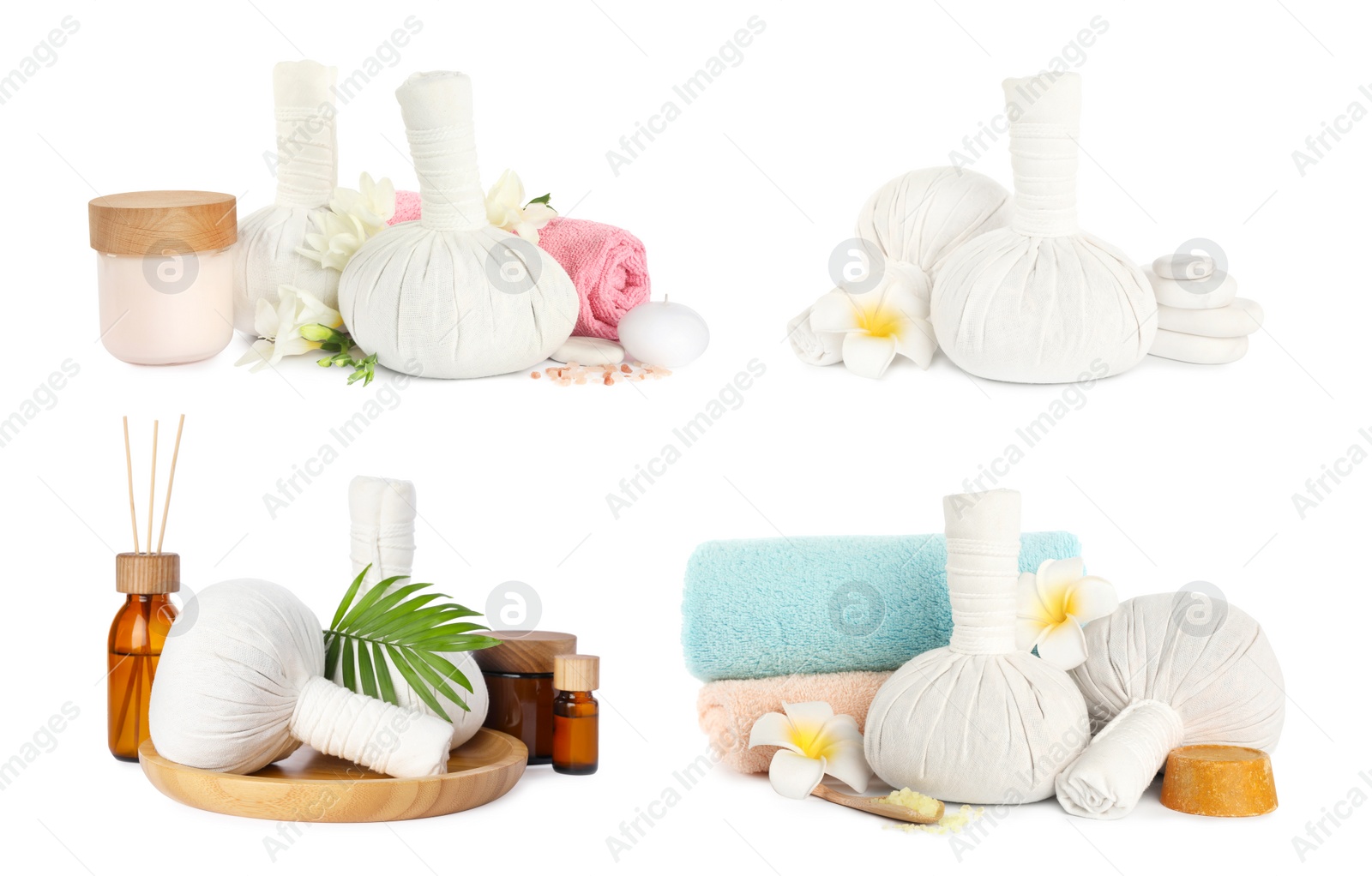 Image of Set with herbal massage bags and different spa supplies on white background