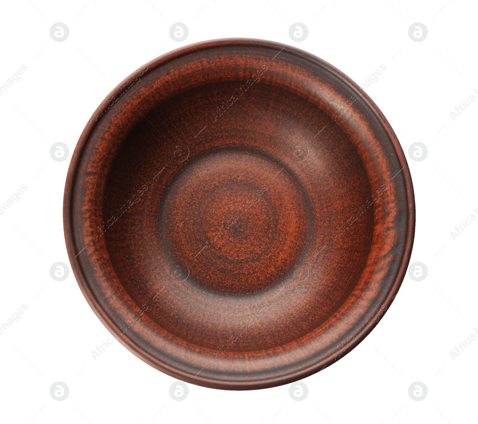 Photo of Brown clay bowl isolated on white, top view