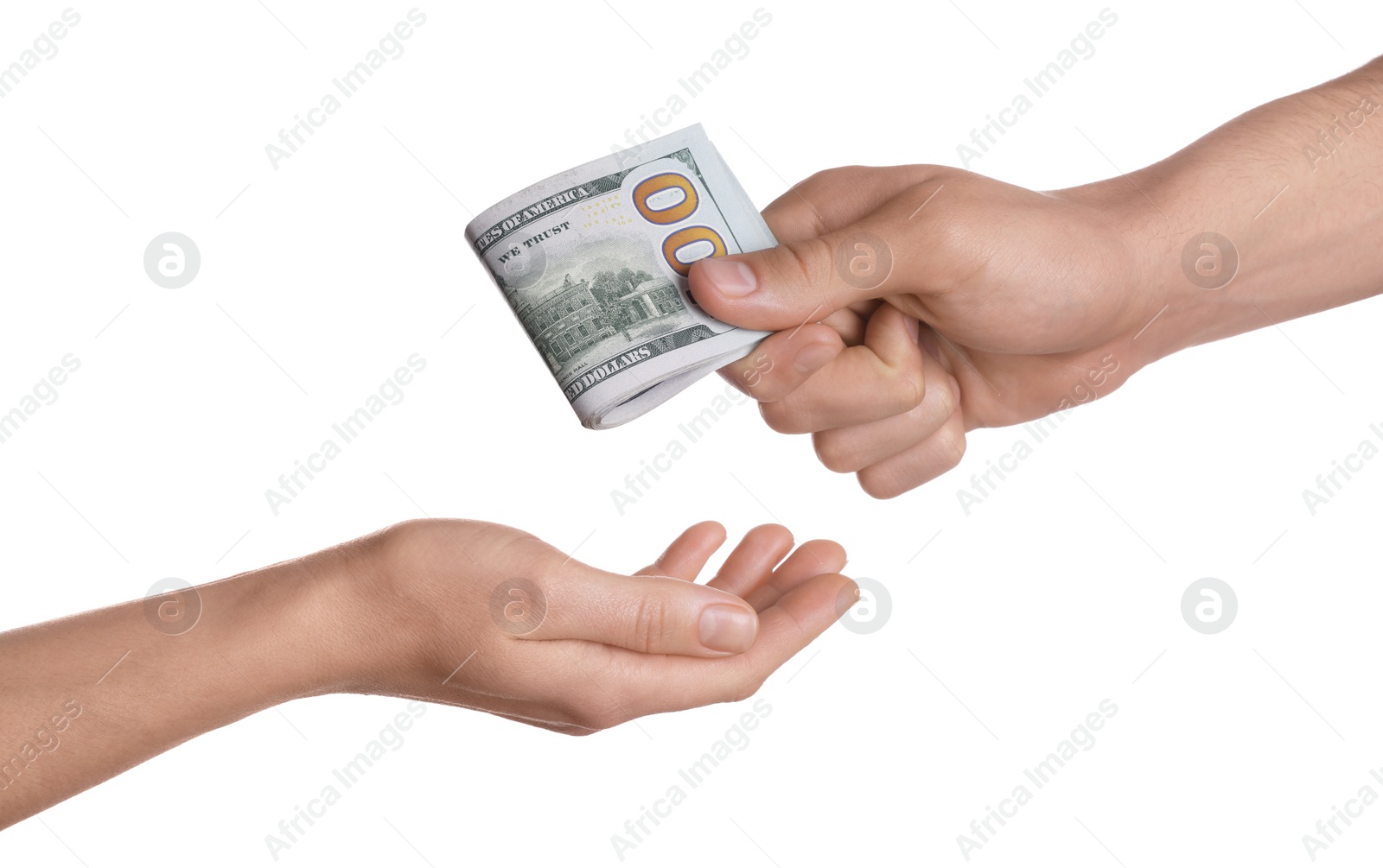 Photo of Money exchange. Man giving dollar banknotes to woman on white background, closeup