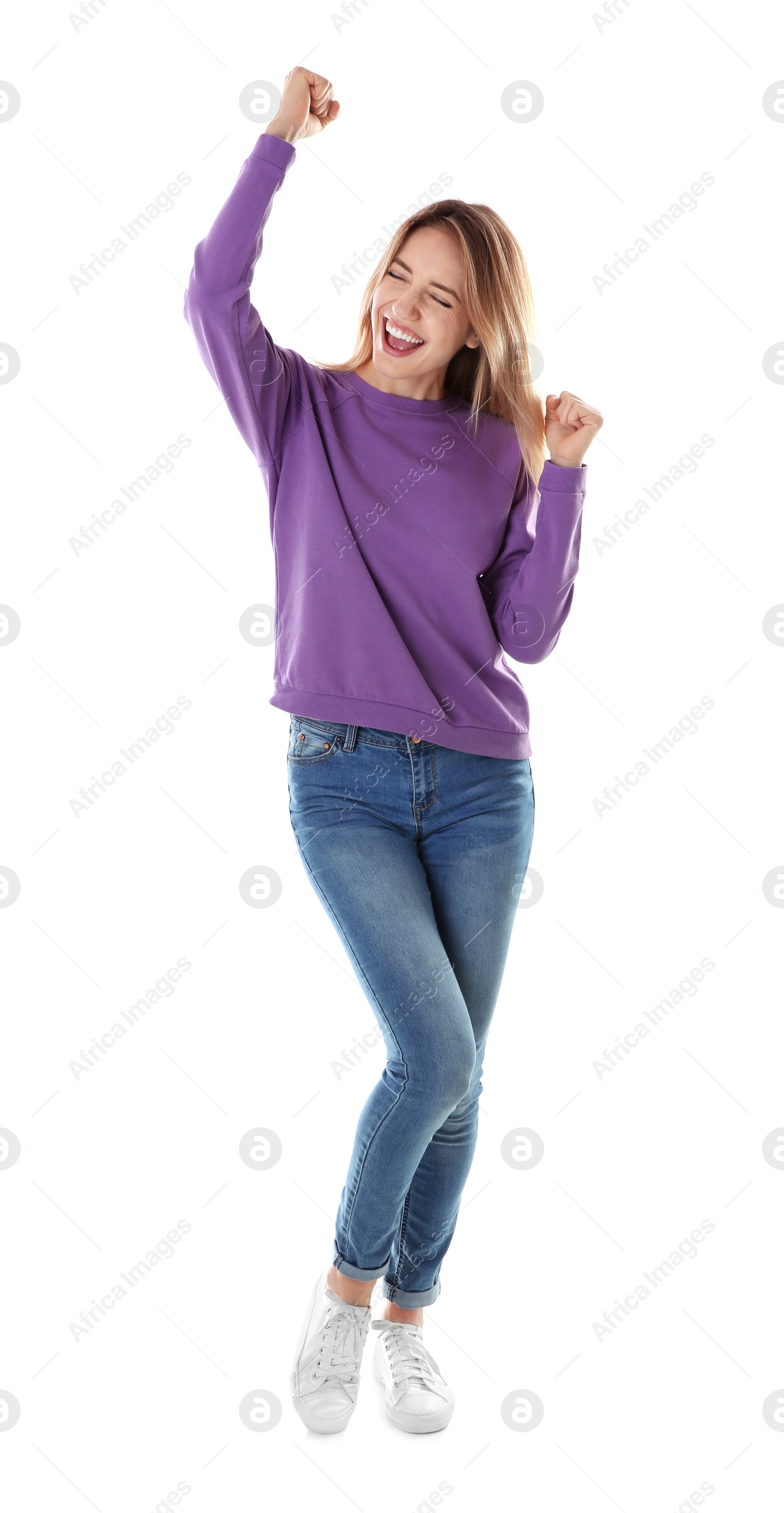 Photo of Full length portrait of emotional woman on white background