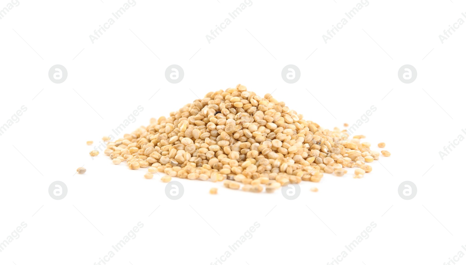 Photo of Pile of raw quinoa on white background