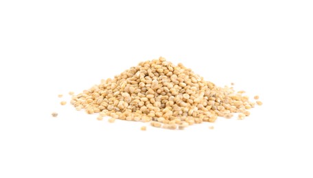 Photo of Pile of raw quinoa on white background