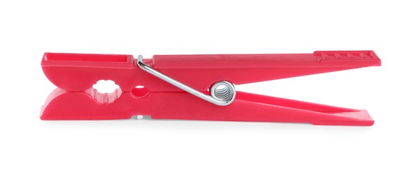 Photo of Bright pink plastic clothespin isolated on white