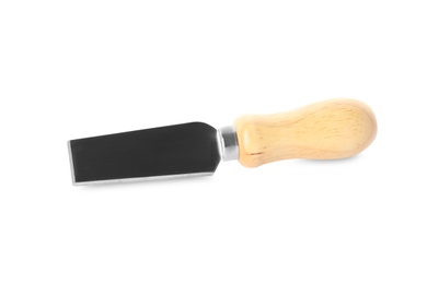 Photo of New cheese plane knife with wooden handle isolated on white