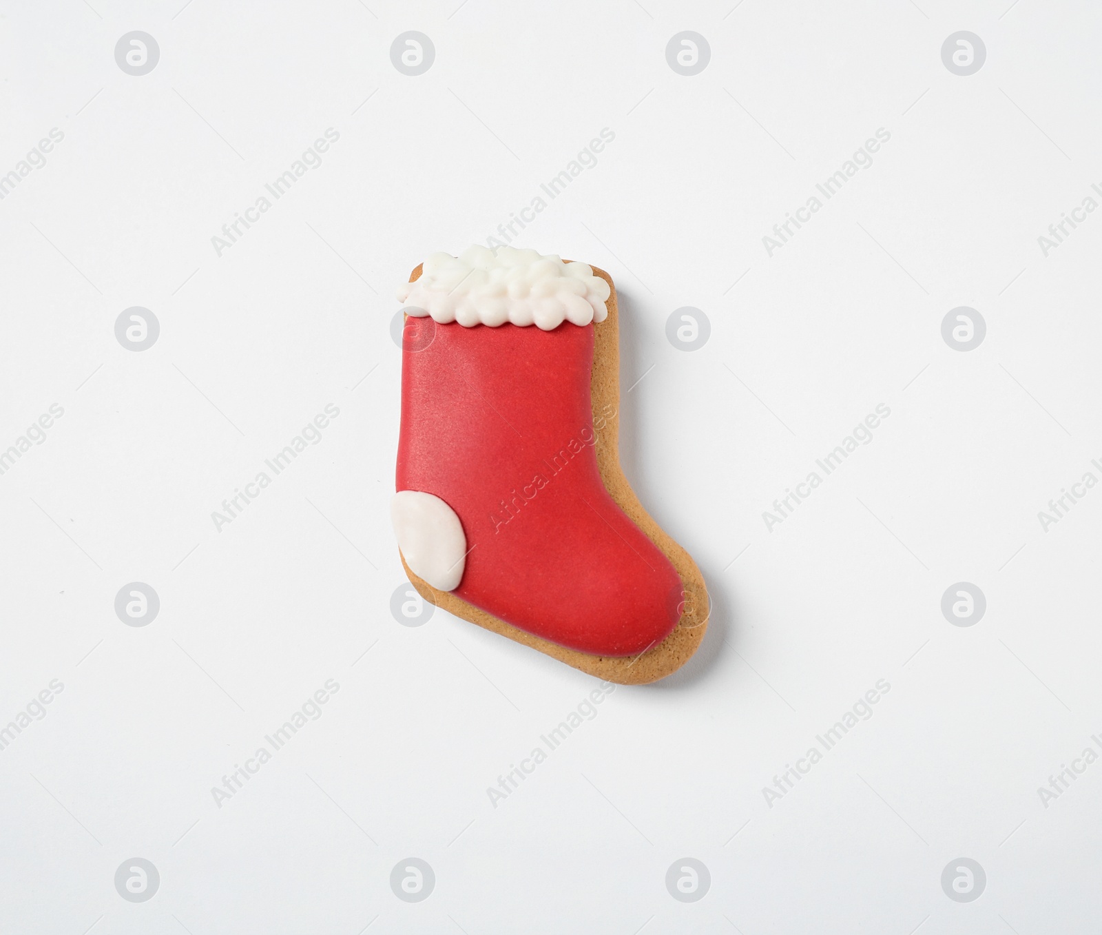 Photo of Tasty homemade Christmas cookie on white background, top view