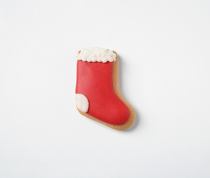 Photo of Tasty homemade Christmas cookie on white background, top view