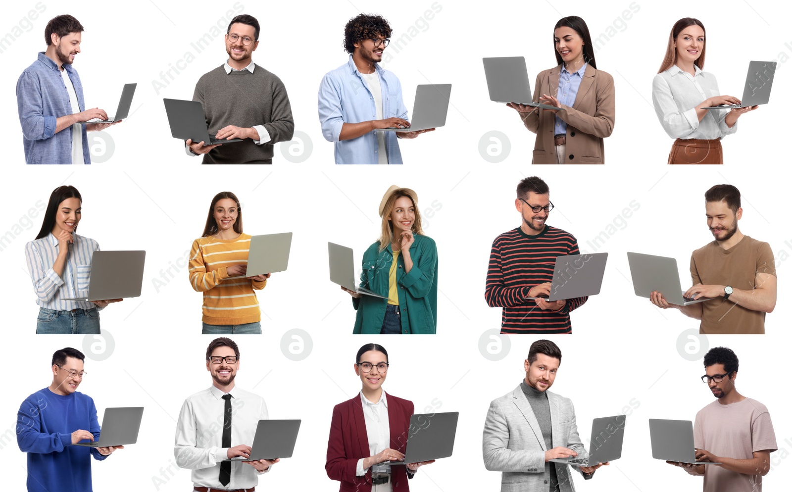 Image of People with laptops on white background, collage design