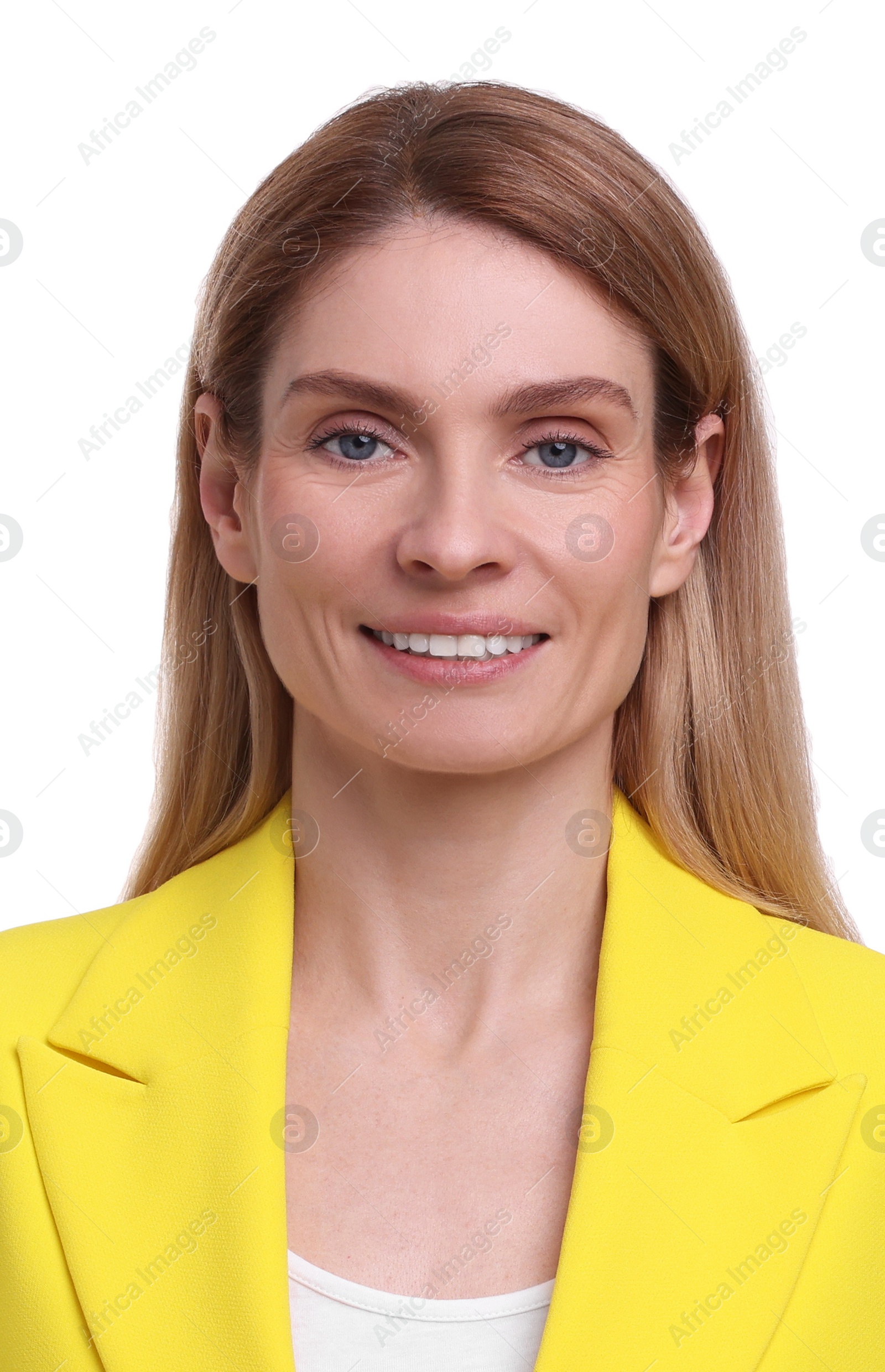 Image of Passport photo. Portrait of woman on white background