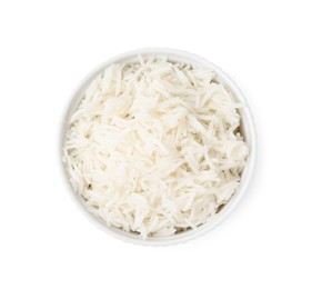 Photo of Delicious rice in bowl isolated on white, top view