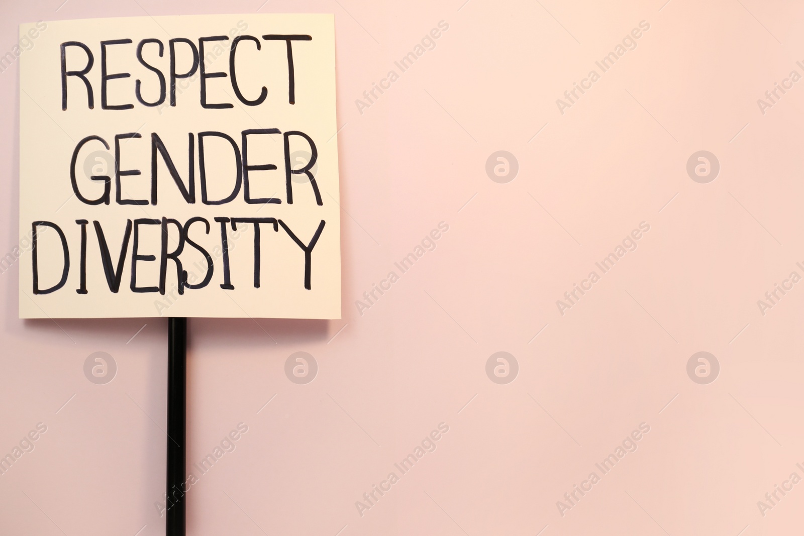 Photo of Sign with phrase Respect Gender Diversity on pink background, top view. Space for text