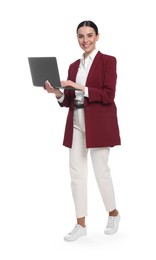 Happy woman with laptop on white background