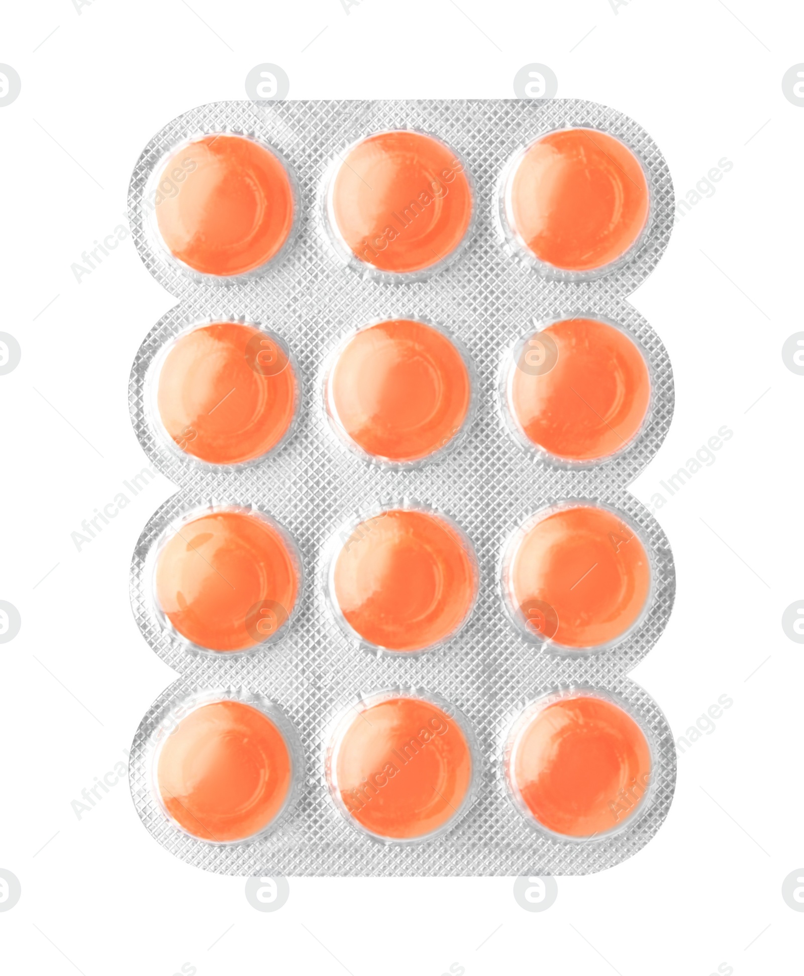 Photo of Blister with orange cough drops isolated on white, top view