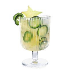 Photo of Spicy cocktail with jalapeno and carambola isolated on white