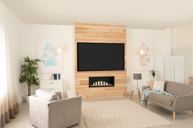 Photo of Living room interior with modern TV on wooden wall