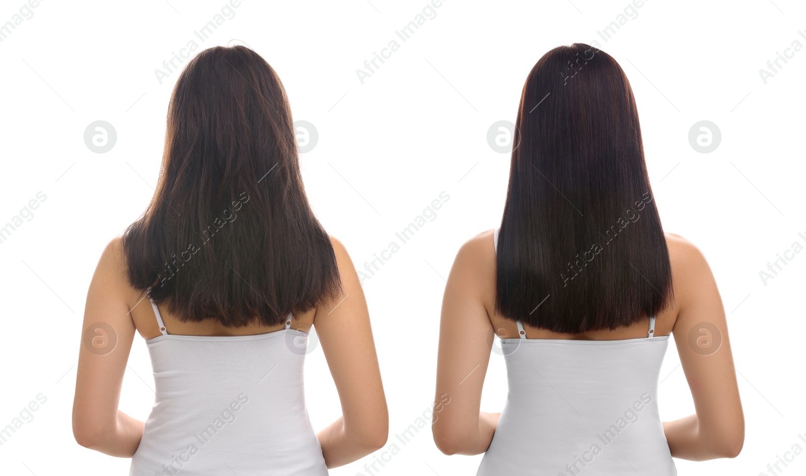 Image of Woman before and after hair treatment on white background, back view. Collage showing damaged and healthy hair