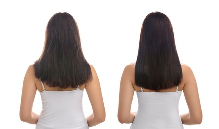 Image of Woman before and after hair treatment on white background, back view. Collage showing damaged and healthy hair