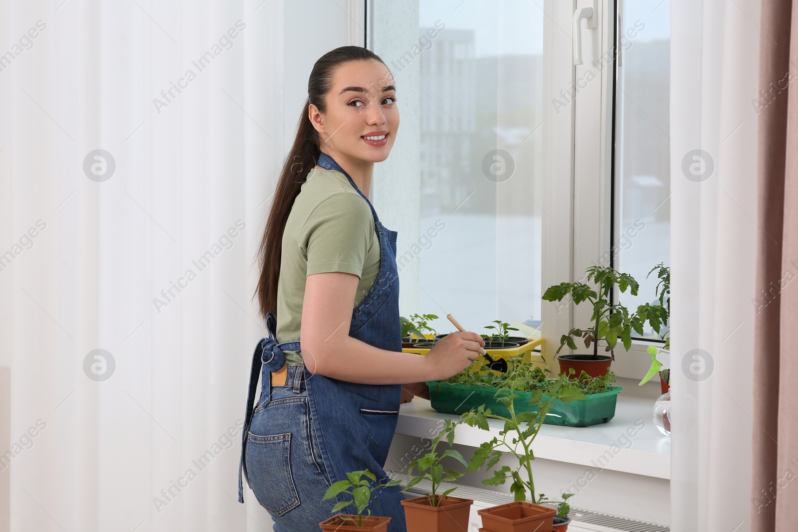 Photo of Happy woman planting seedlings into plastic container near window indoors