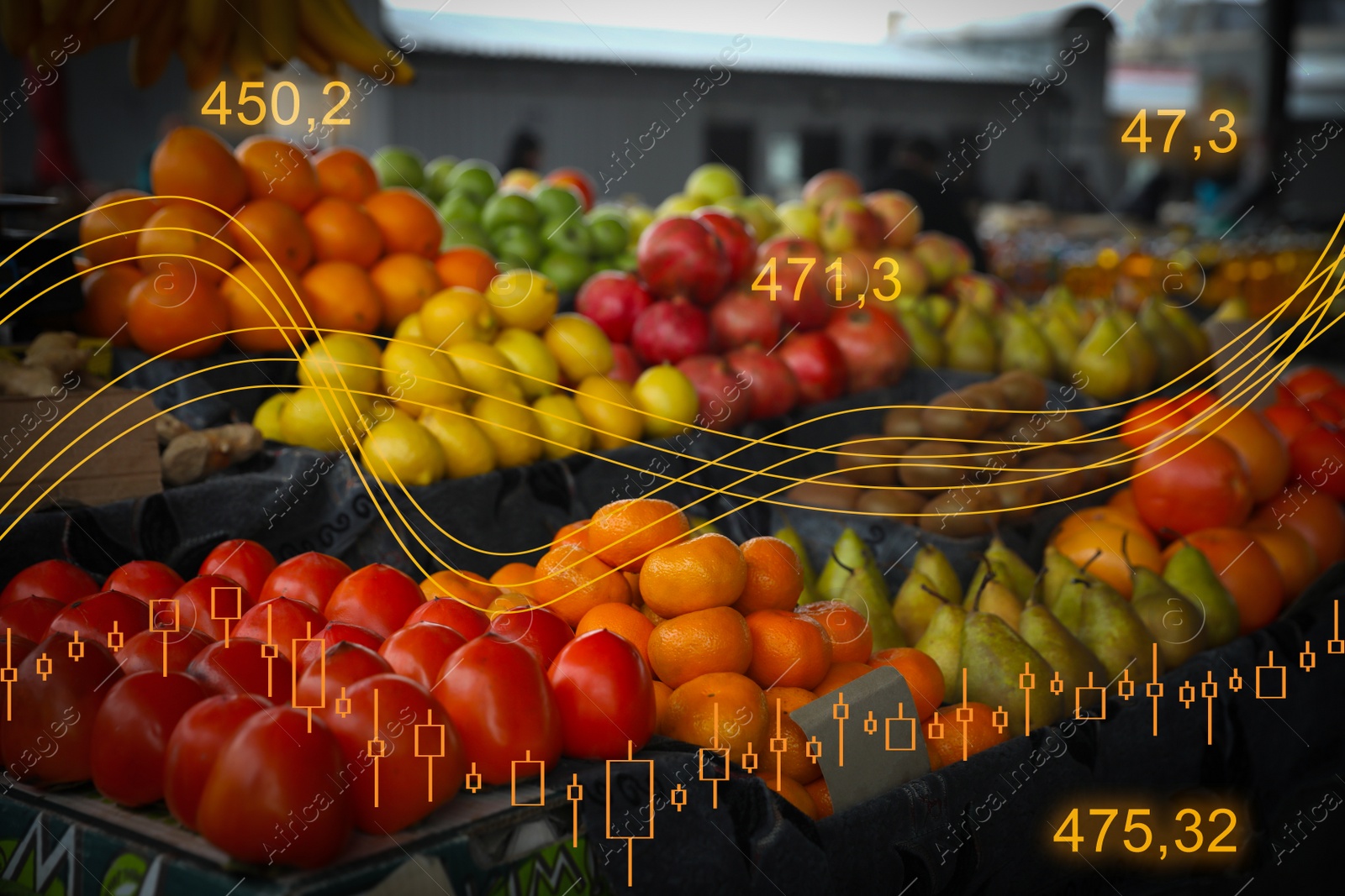 Image of Tasty fresh fruits on counter at wholesale market