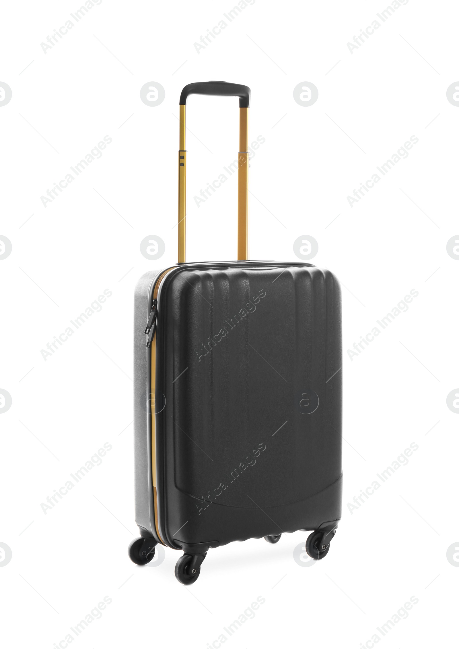 Photo of Black suitcase for travelling on white background