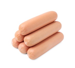 Photo of Many delicious boiled sausages on white background