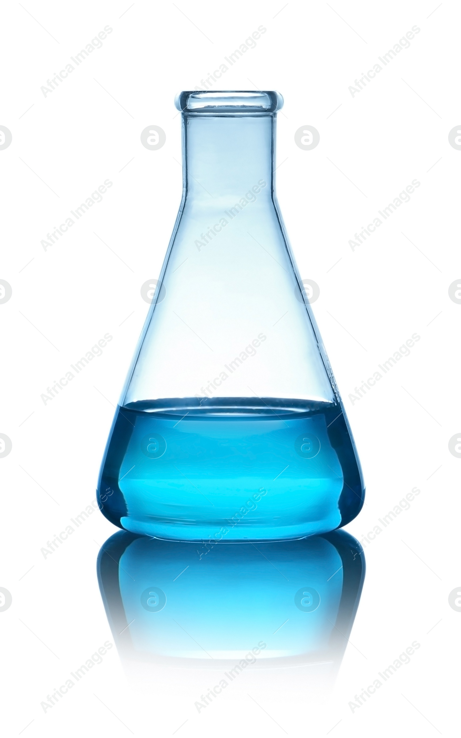 Photo of Conical flask with liquid on table against color background. Laboratory analysis