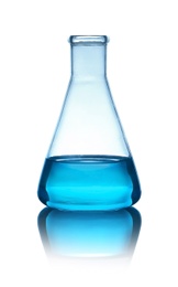 Photo of Conical flask with liquid on table against color background. Laboratory analysis