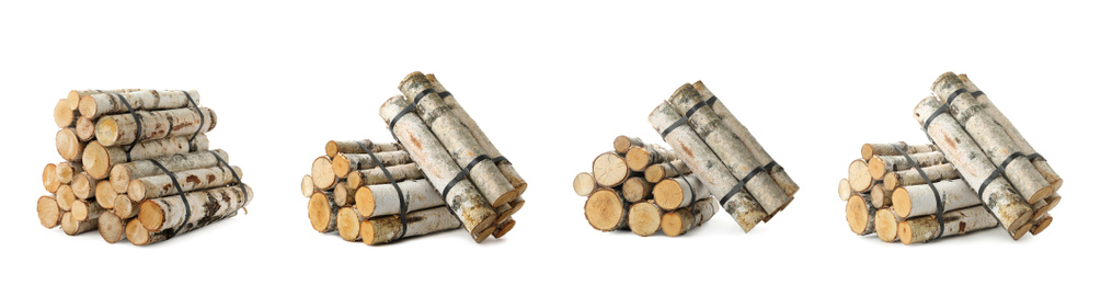 Image of Set of cut firewood bunches on white background. Banner design