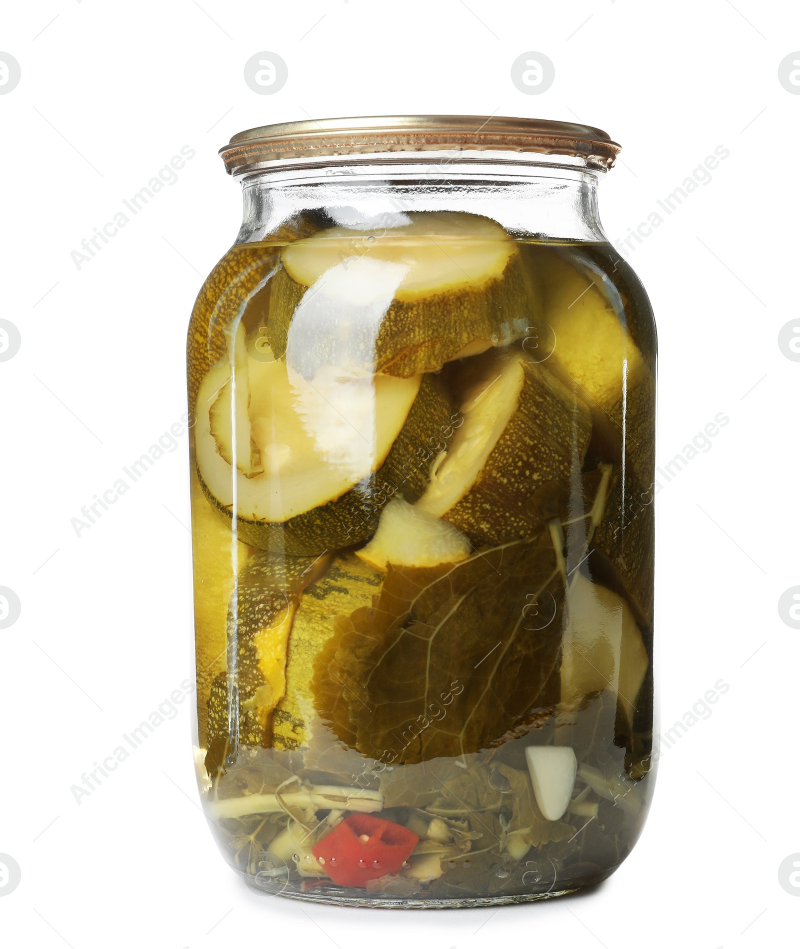 Photo of Glass jar with pickled zucchinis isolated on white