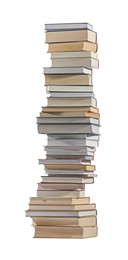 High stack of many different books isolated on white