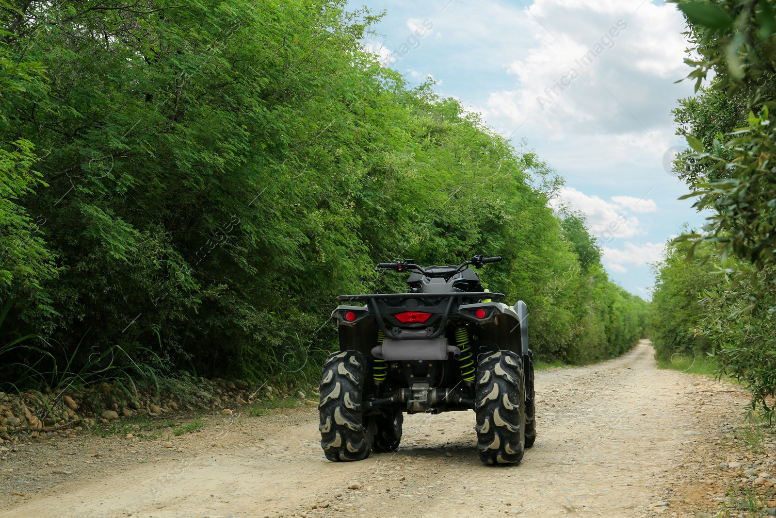 Photo of Black quad bike on pathway near trees outdoors