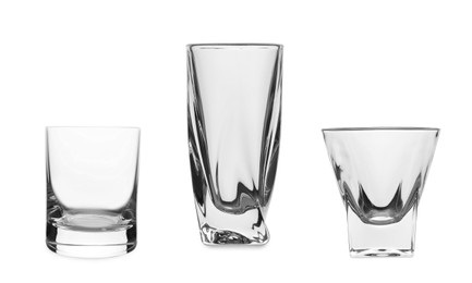 Image of Collage with different empty glasses on white background