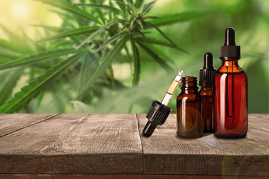 Image of Hemp oil on wooden table against plant. Space for text