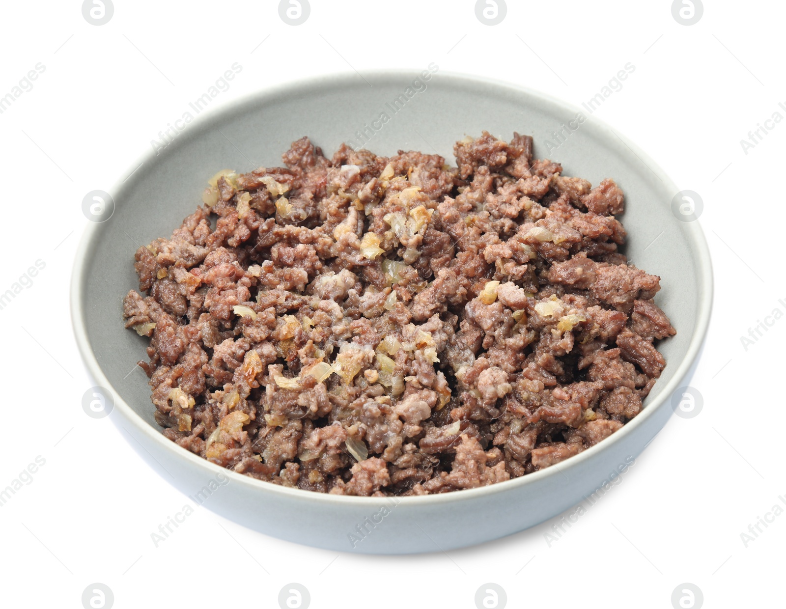 Photo of Bowl with fried minced meat isolated on white