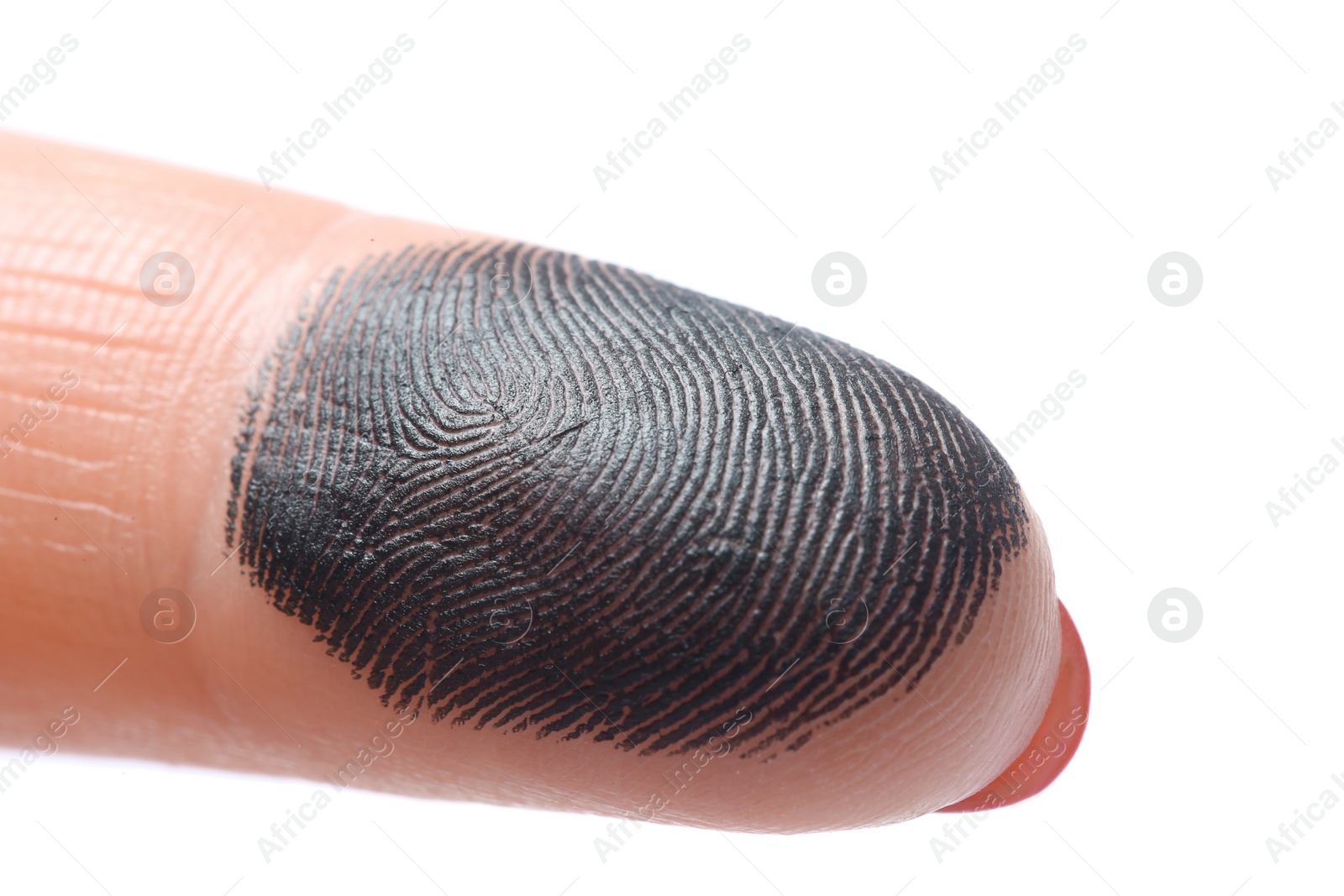 Photo of Closeup view of human finger covered with black ink on white background