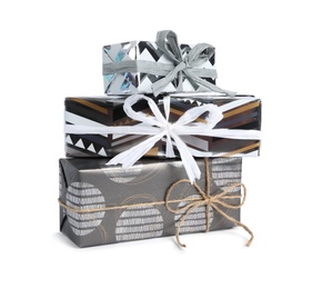 Photo of Heap of beautiful gift boxes on white background