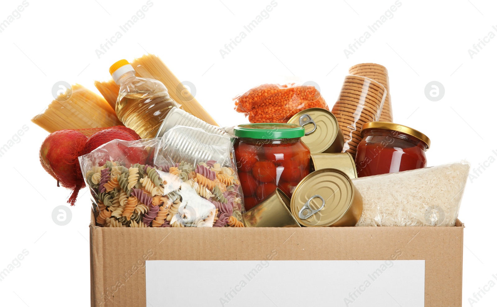 Photo of Donation box full of different products on white background