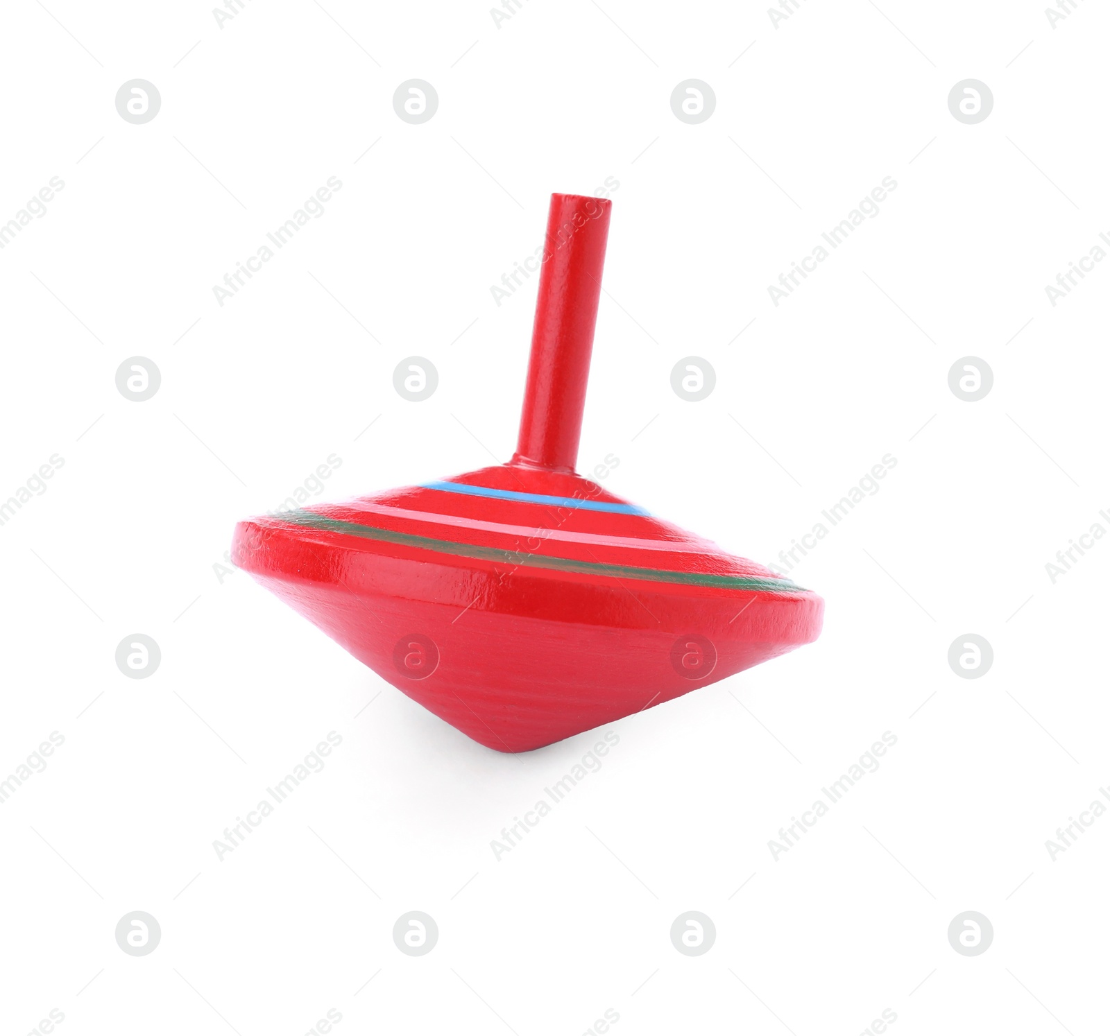 Photo of One bright spinning top isolated on white. Toy whirligig