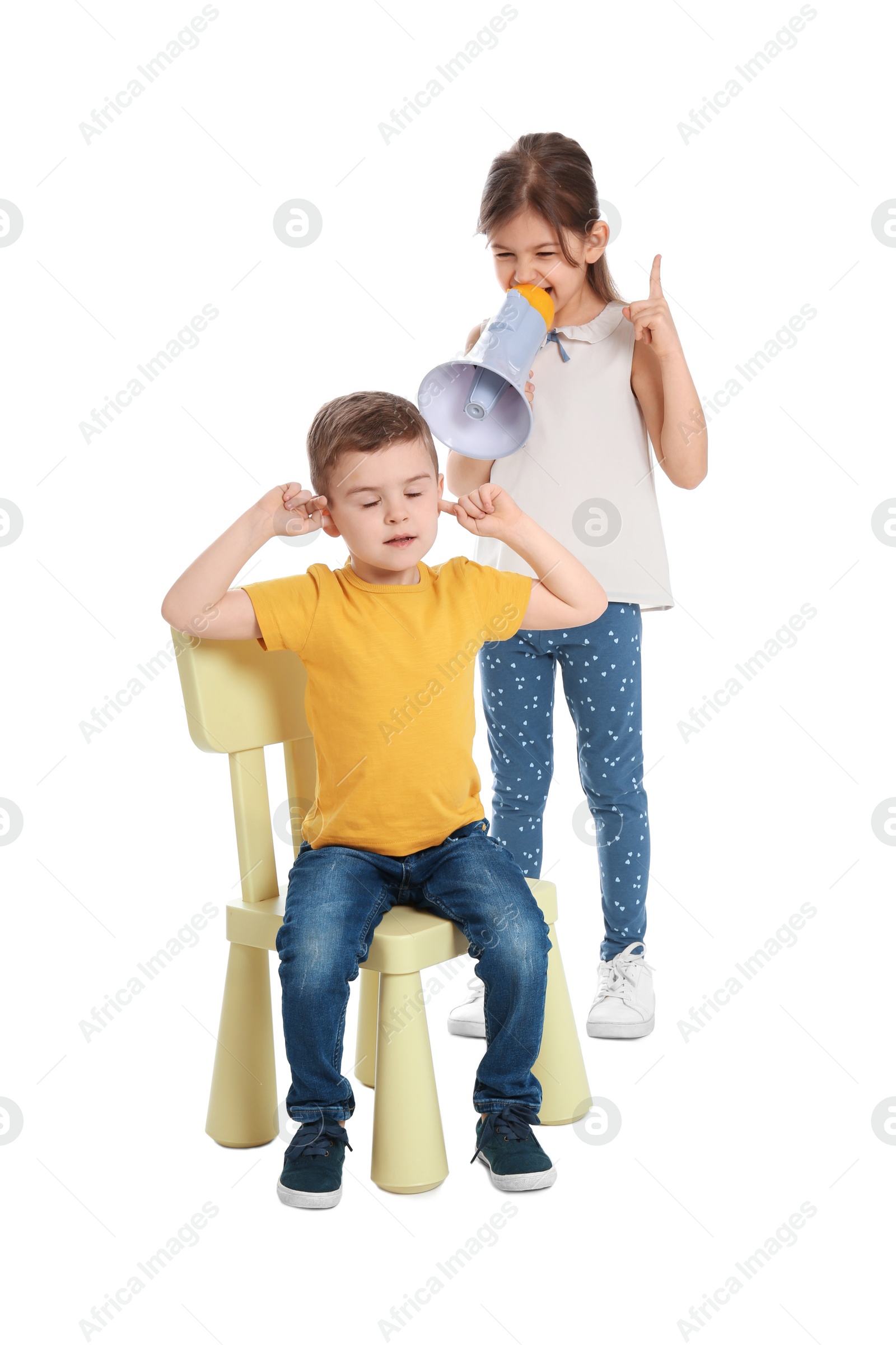 Photo of Adorable little kids with megaphone on white background