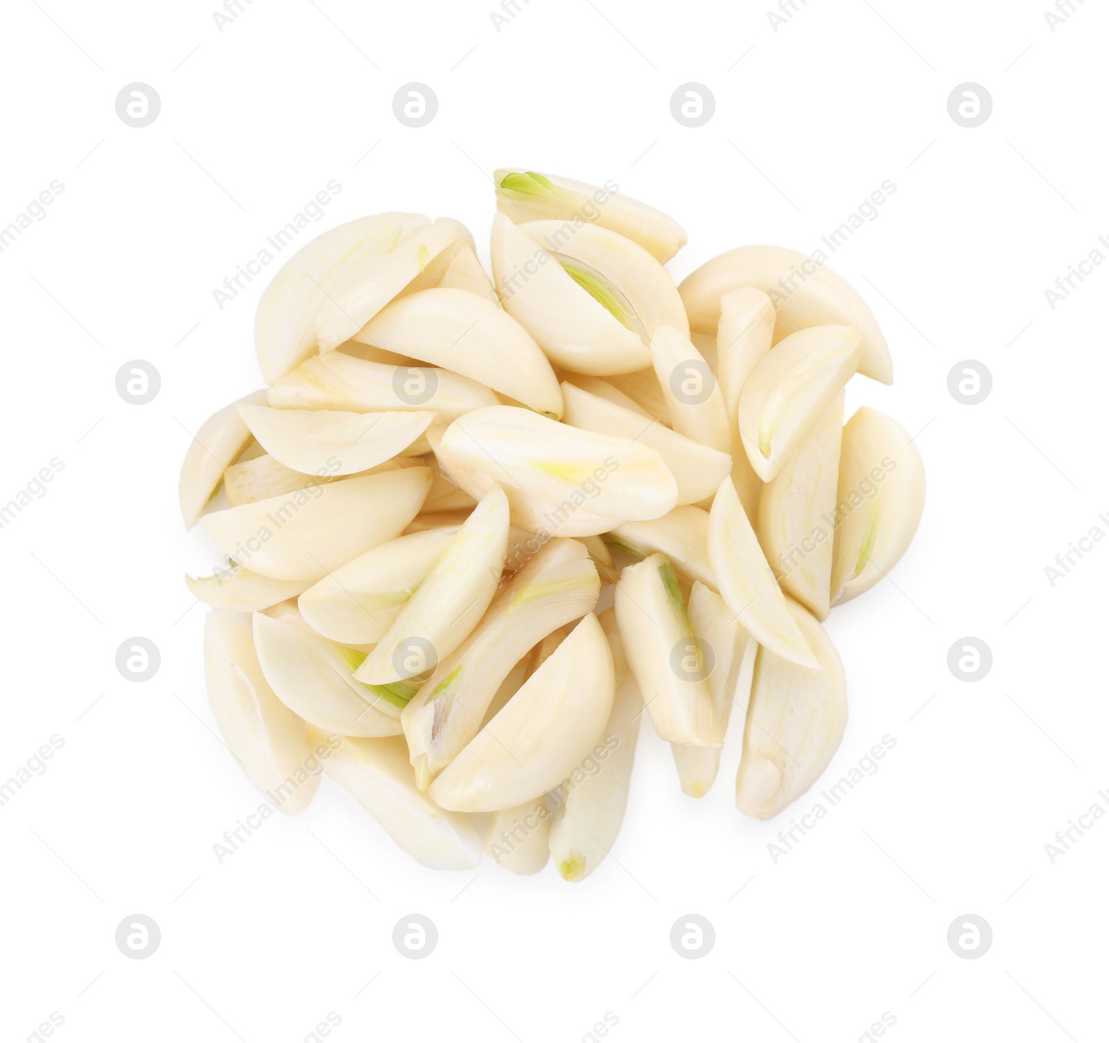 Photo of Peeled cloves of fresh garlic isolated on white, top view