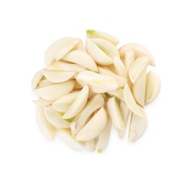 Photo of Peeled cloves of fresh garlic isolated on white, top view