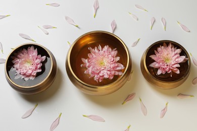 Photo of Tibetan singing bowls with water and beautiful chrysanthemum flowers on white background, above view